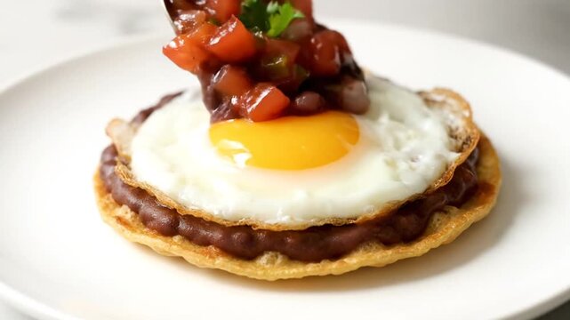 Tostada Preparation Recipe with Frijoles Refitos and Fried Egg on White Plate Close Up Cooking Process with Toppings
