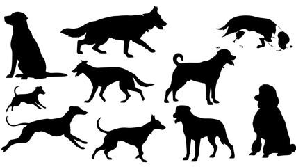 Variety of dog silhouettes isolated on white background, Vector