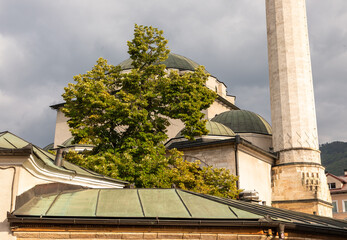 Gazi Husrev Bega Mosque Domes and Minaret in Sarajevo, Bosnia and Herzegovina.
