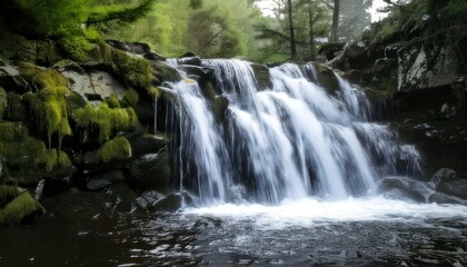 Obraz premium Cascading Waterfall Flowing Through Lush Green Forest Landscape with Rocks and Water.