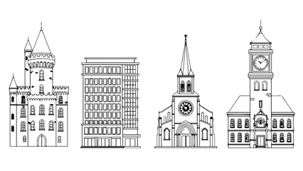 Historical buildings with clock towers isolated on white background, Vector