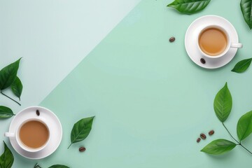 Minimalist composition featuring two cups of coffee with milk, coffee beans, and green leaves on a split toned pastel green background, offering copy space for text or design elements