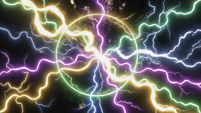 Colorful Electric Lightning in Space - A vibrant display of multicolored lightning waves set against a dark cosmic background.