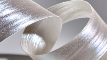 Shiny metallic silver ribbon curled up in luxurious and elegant abstract background with soft reflections and light gray tones with luxury and decorative
