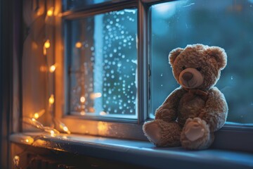 Teddy bear sits by a window with raindrops and warm string lights
