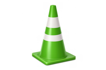 Green traffic cone with white stripes, representing safety, caution, construction, road work, and barrier
