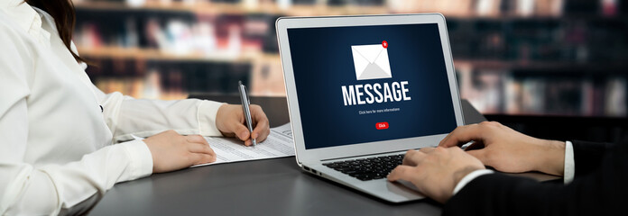 Email notification message showing on computer screen brisk. Digital marketing message information text from business to customer client