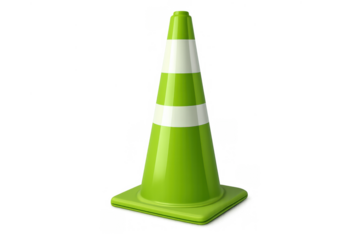 Green traffic cone with white stripes symbolizing safety, caution, construction, and road warning on transparent background