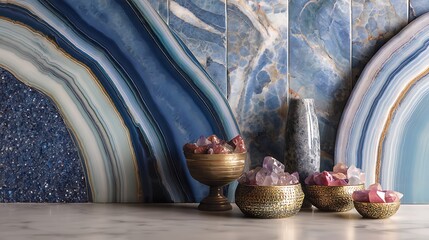 Luxurious decorative bowls filled with crystals and gemstones on marble surface against unique blue marble wall background with luxury decor