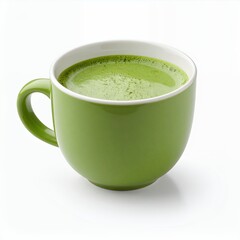 Green matcha latte artfully presented in a ceramic mug on a white surface