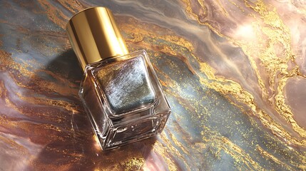 Luxurious nail polish bottle with gold cap on marble background with shimmering colors with luxury and cosmetics and beauty and makeup and fashion