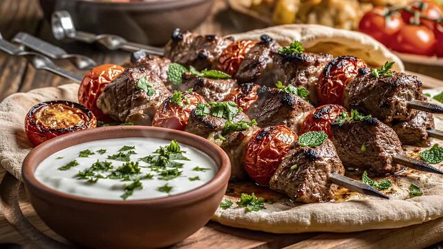 Grilled Beef Skewers with Yogurt Dip - A close-up shot showcases delicious beef skewers interspersed with grilled tomatoes, served atop flatbread.
