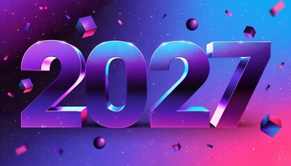 2027 New Year Celebration with Colorful Geometric Shapes and Confetti