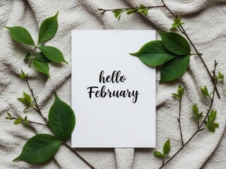 Handwritten Hello February Card With Green Leaves 1