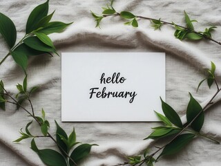 Handwritten Hello February Card With Green Leaves greeting card