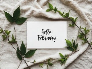 Handwritten Hello February Card With Green Leaves
