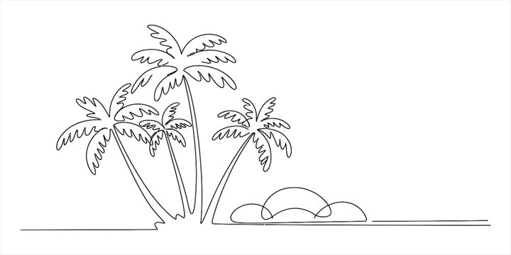 Minimalist continuous line drawing depicting a group of palm trees on a small tropical beach Vector, illustration