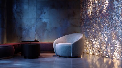 Luxurious modern interior design with sleek chair and decorative metallic wall paneling in a sophisticated setting with luxury and contemporary