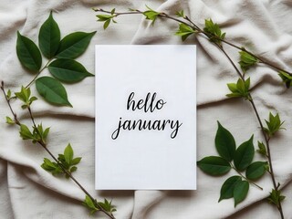 Handwritten Hello January Note With Green Leaves calligraphy