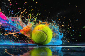 Vibrant colors exploding from a tennis ball, creating a dynamic splash on a reflective black surface