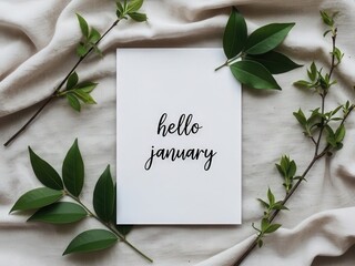 Handwritten Hello January Note With Green Leaves new year