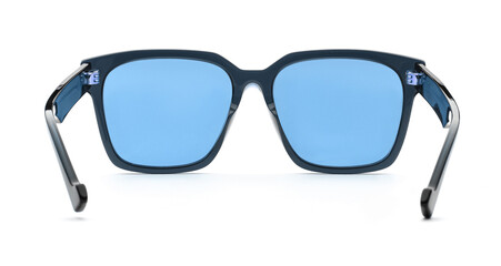 Sunglasses back view with Wayfarrer shape isolated on white background. Blue eyeglasses trapezoidal frame with uv lens against sunlight. Glasses rear view modern style for design template and poster