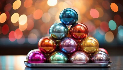 shiny colorful orbs stacked high on a metallic tray
