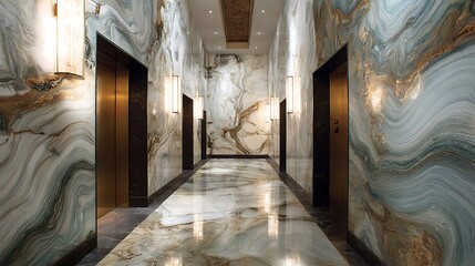 Luxurious marble hallway with elegant doors and sophisticated lighting in a modern building interior with luxury and design and architecture