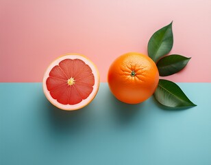 a ripe orange and grapefruit with green leaves rest on a pastel blue and pink surface offering a fresh and vibrant look