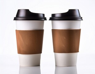 two white cups w brown sleeves and black lids on white