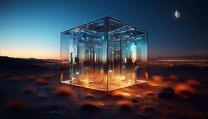 a surreal glass art installation in the middle of a wasteland with city lights in the background