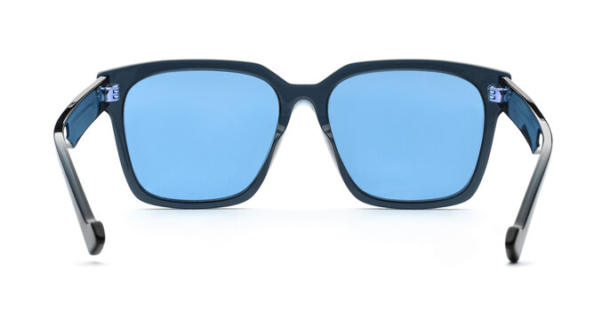 Sunglasses back view with Wayfarrer shape isolated on white background. Blue eyeglasses trapezoidal frame with uv lens against sunlight. Glasses rear view modern style for design template and poster