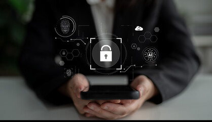 AI cyber security system using biometric authentication and privacy control. Cyber security protects identity, cybersecurity detects threats, cybersecurity ensures safety, and secures data. Latch