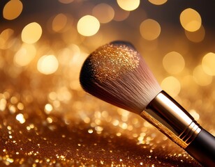 makeup brush with glitter against blurred golden bokeh lights