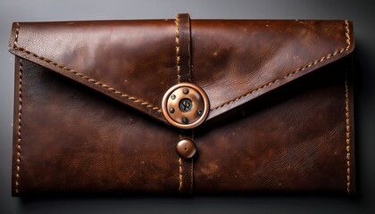 distressed brown leather envelope with a button closure