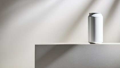 plain white can sits on white cube bright light shadows