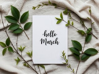 Handwritten Hello March Card With Green Leaves calligraphy 1