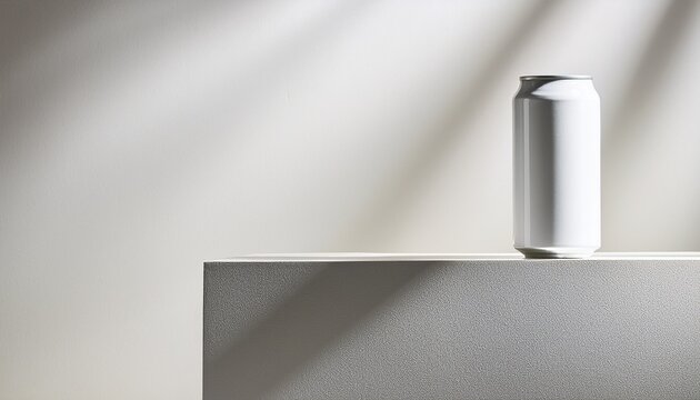 plain white can sits on white cube bright light shadows