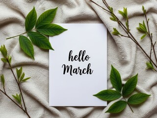 Handwritten Hello March Note With Green Leaves calligraphy
