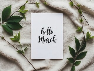 Handwritten Hello March Card With Green Leaves calligraphy