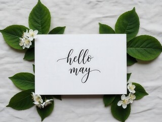 Handwritten Hello May Card With Green Leaves calligraphy 1