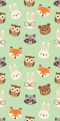 Obraz premium Cute seamless pattern with woodland animal faces. Vertical illustration of a fox, bear, raccoon, owl, and rabbit on a green background. Kawaii characters for kids wallpaper
