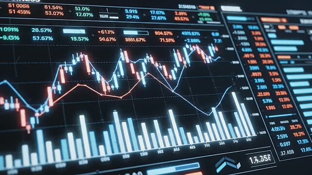 Digital Stock Market Display with Glitches - A digital stock market interface featuring various financial graphs and charts on a screen, disrupted by colorful glitches.