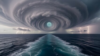 A massive stormy vortex forms over the ocean with lightning in the distance
