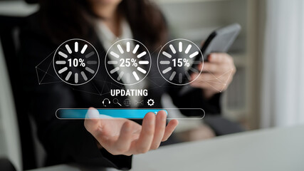 A concept of a system update and software installation. A progress bar and loading icons showing the update percentage and status. Motif