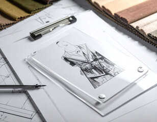 Creative fashion design workspace featuring elegant sketches, textile swatches, and professional tools. Ideal for illustrating the artistic process and modern apparel development concepts.