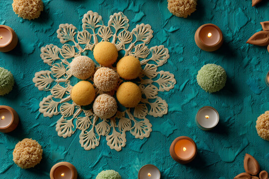 Artistic mandala arrangement of revdi sweets on teal background.
