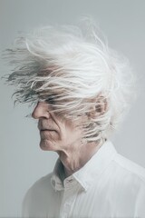 Man with white hair dissolving into digital data
