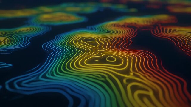 Abstract topographic map with vibrant, glowing contour lines. The data visualization shifts through a spectrum of colors.
