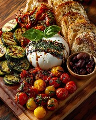 Burrata cheese platter with grilled vegetables and bread